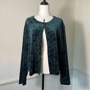 Studio Ease Dark Green Burnout Floral Velvet Velour Button Long Sleeve Cardigan